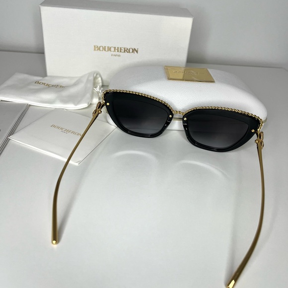 Boucheron NWT Embellished Cat Eye Sunglasses BC0140S 001 Black/Gold - Picture 9 of 12